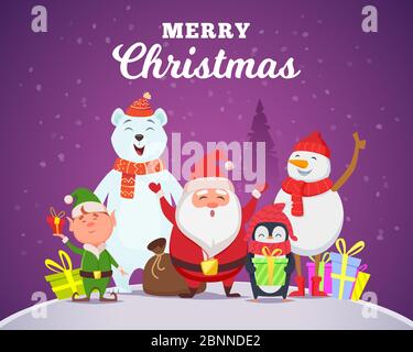Holiday winter background. Christmas characters santa penguin white arctic bear character snow wildlife animals in cartoon style vector Stock Vector