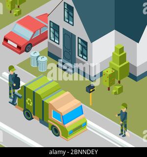 Garbage truck. Cleaning service removing trash from city street waste recycling concept vector isometric background Stock Vector