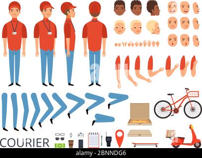 Pizza delivery animation. Fast food courier body parts with professional items box bike vector character creation kit Stock Vector