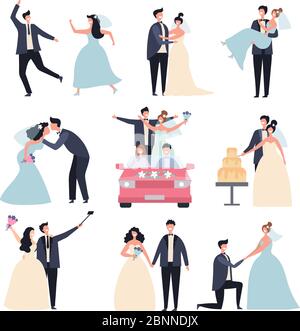 Wedding couples. Bride ceremony celebration wed day love groom marriage rings vector characters Stock Vector