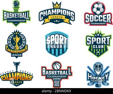 Sport logos. Emblem of college team cup competitions athlete recreation labels and vector badges isolated Stock Vector