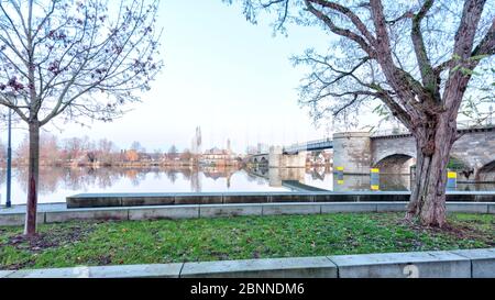 View over the Main to Heilig Kreuzkapelle, Kitzingen, Main, Old Main Bridge, Lower Franconia, Bavaria, Germany Stock Photo