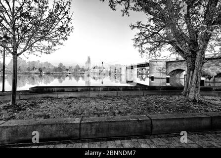 View over the Main to Heilig Kreuzkapelle, Kitzingen, Main, Old Main Bridge, Lower Franconia, Bavaria, Germany Stock Photo