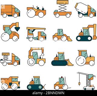 Construction transport. Heavy machinery truck asphalt highway on machines for builders lifting crane bulldozer tractors vector vehicle Stock Vector