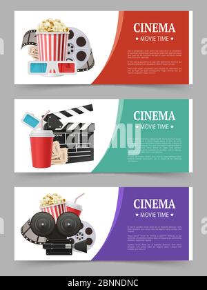 Cinema banners template. Movie flyer with film symbols camera tape stereo glasses vector realistic images Stock Vector