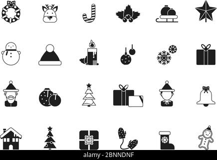 Christmas icons. Bells and santa, elf and celebration gifts, green tree and candied december winter season items and vector symbols Stock Vector