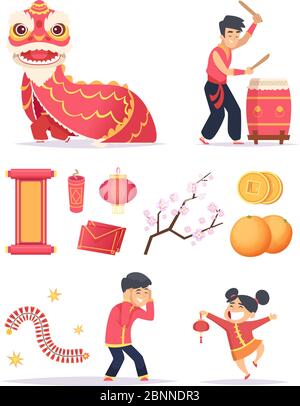 Chinese new year. Dragon firecrackers paper lantern and happy kids characters celebrate 2019 vector pictures Stock Vector