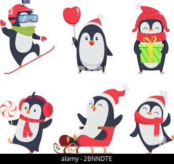 Penguin characters. Cartoon winter illustrations of wildlife animals in various action pose vector mascot design Stock Vector
