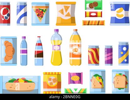 Beverages food. Plastic containers fastfood drinks and snacks candy biscuits chips vector flat illustrations isolated Stock Vector