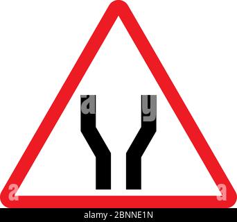 Road widens ahead traffic sign vector. Red triangle signboard. Perfect for backgrounds, backdrop, sticker, sign, symbol and label. Stock Vector
