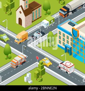 City crossroad traffic. Intersects cars moving crossing road safety zebra symbols isometric urban landscape vector illustrations Stock Vector