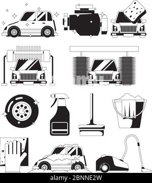 Wash dry car service. Washing sponge water clean bubbles auto foam sponge black vector silhouettes Stock Vector