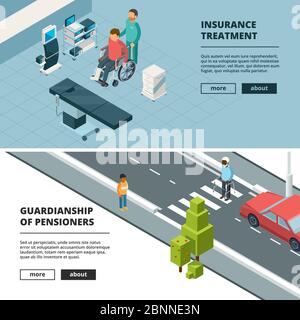 Disabilities persons banners. Invalids home and hospital special equipment wheelchairs walkers crutches gypsum vector isommetric illustrations Stock Vector