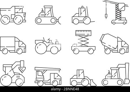 Construction machine. Bulldozer heavy truck crane harvester vehicle for building vector linear icons set Stock Vector