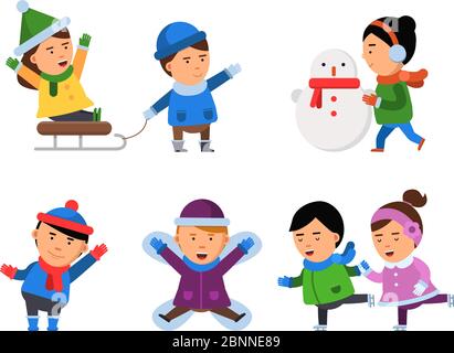 Winter smile characters. Kids snow clothes boys girls christmas party children playing vector illustrations isolated Stock Vector