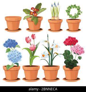 Flowers pot. Decorative colored plants grow at home in funny pots vector cartoon illustrations set isolated Stock Vector