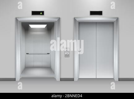 Lift doors building. Business office facade interior realistic closing opening doors elevator chrome metal buttons vector pictures Stock Vector