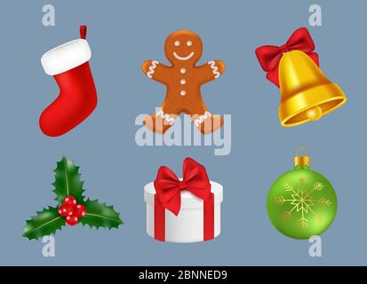 Merry christmas icons realistic. Winter season celebrations of new year symbols tree santa candy reindeer snowman vector 3d Stock Vector