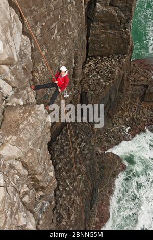 Female climber rappelling of seacliff in Swanage / England Stock Photo