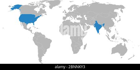 India, US map highlighted blue on world map vector. Gray background. Perfect for backgrounds, backdrop, business concepts, presentation, charts and wa Stock Vector