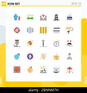 Mobile Interface Flat Color Set of 25 Pictograms of education, library, love, watchtower, observatory Editable Vector Design Elements Stock Vector