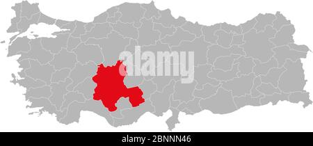 Turkey province Konya marked red on map vector. Gray background. Stock Vector