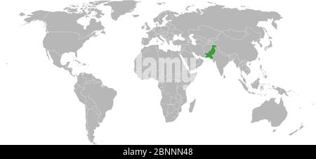 Pakistan map marked green on world map. Light gray background. Asian country. Stock Vector