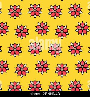 Abstract red floral seamless repeat pattern yellow background. Fabric designs, wallpaper and tile. Stock Vector