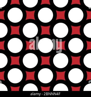 Black white geometric circles seamless pattern vector. Red background. Fabric texture design, wallpaper and tile. Stock Vector