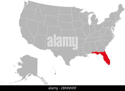 Florida highlighted red US map vector illustration. Gray background. United states political map. Stock Vector