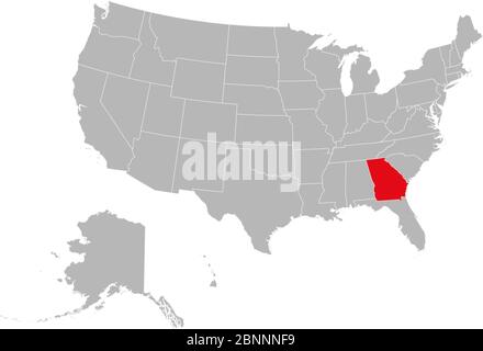 Georgia state marked red on US political map. Gray background. United States province. Stock Vector