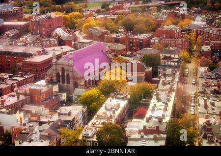 A view of Boston from atop the Bunker Hill Memorial at Breeds Hill in the Charlestown section of Boston Massachusetts on a New england autumn day. Stock Photo