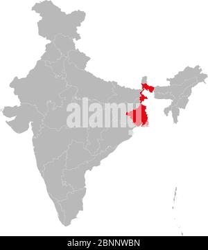 West bengal highlighted red on india map vector. Light gray background. Perfect for business concepts, backdrop, backgrounds, label, sticker, chart et Stock Vector