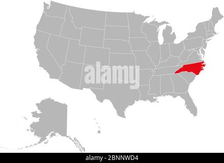 North carolina highlighted red on US political map. Gray background. United States province. Stock Vector