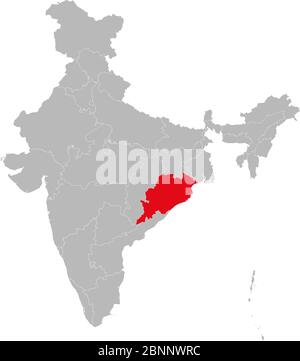 Orissa or Odisha state highlighted red on indian map vector. Light gray background. Perfect for business concepts, backdrop, backgrounds, label, stick Stock Vector