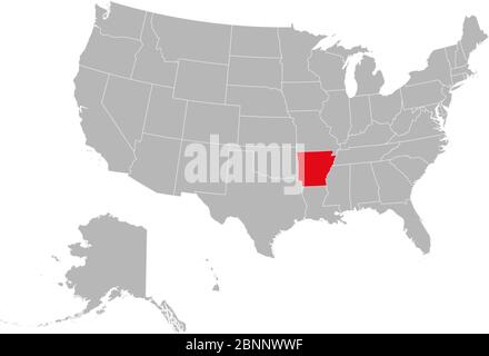 Arkansas state highlighted red color on USA map. Gray background. USA political map. Stock Vector