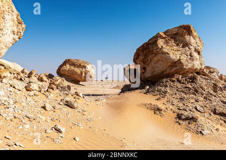 Desert, white desert, weathering, limestone, plaster, sculptures, blue sky Stock Photo