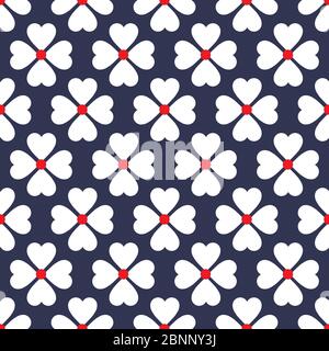 White heart four petal saint patrick clover seamless pattern vector. Blue background. Fabric designs. Stock Vector
