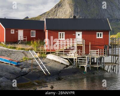 rote Fischerhäuser, Rorbuer, Lofoten, Norway Stock Photo