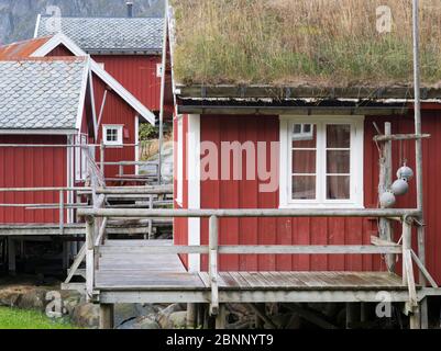 rote Fischerhäuser, Rorbuer, Lofoten, Norway Stock Photo