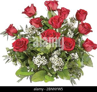 Bouquet of Red Roses and White Lilac Vector Illustration Stock Vector
