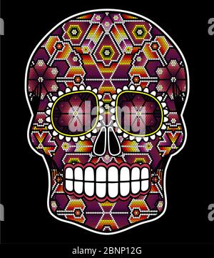 illustration of skull with colorful dots, design inpired in huichol art ...