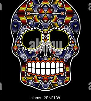 illustration of skull with colorful dots, design inpired in huichol art ...