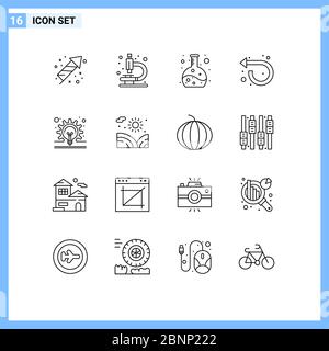 Set of 16 Modern UI Icons Symbols Signs for idea, concept, experiment, bulb, repeat Editable Vector Design Elements Stock Vector
