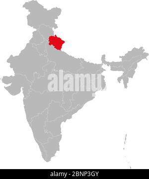 Uttarakhand state highlighted red on indian map vector. Light gray background. Perfect for business concepts, backdrop, backgrounds, label, sticker, c Stock Vector