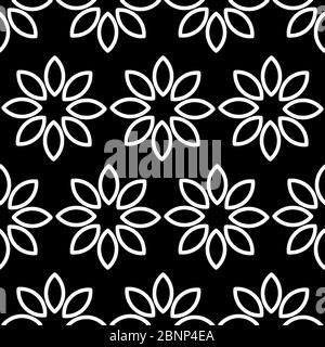 Geometric traditional white floral seamless pattern. Black background. Perfect for fabric designs, tiles,wallpaper, pattern fills, backgrounds,surface Stock Vector