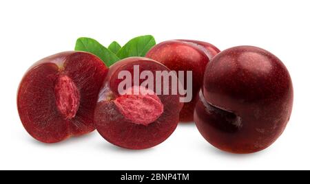 Isolated plums. Whole and a half of blue plum fruit isolated on white background, with clipping path Stock Photo