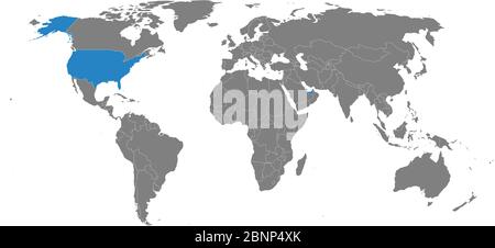 UAE, USA map marked blue on world map. Gray background. Perfect for backgrounds, backdrop, business concepts, poster, sticker, label , charts and wall Stock Vector