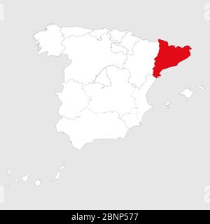 Catalonia region marked red on spain map. Gray background. Stock Vector