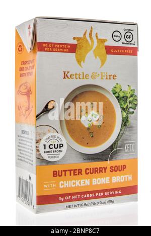 Winneconne,  WI - 15 May 2020: A package of Kettle and fire butter curry soup chicken bone broth on an isolated background Stock Photo